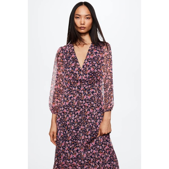 MNG (Mango) floral maxi dress, S with long sheer sleeves purple-pink‎ flowers - Picture 4 of 13